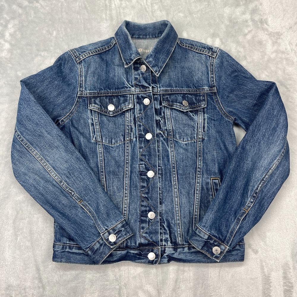 Gap‎ 1969 Jean Trucker Jacket Womens Small Blue Denim Flap Pockets Button Front